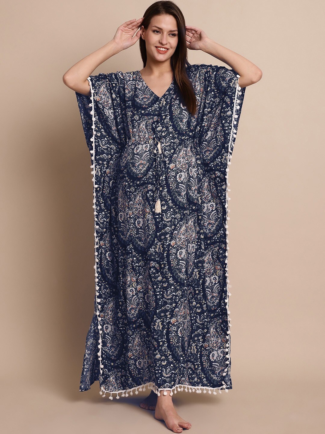 

Secret Wish Paisely Printed Pure Cotton Kaftan Maternity Nightdress, Navy blue