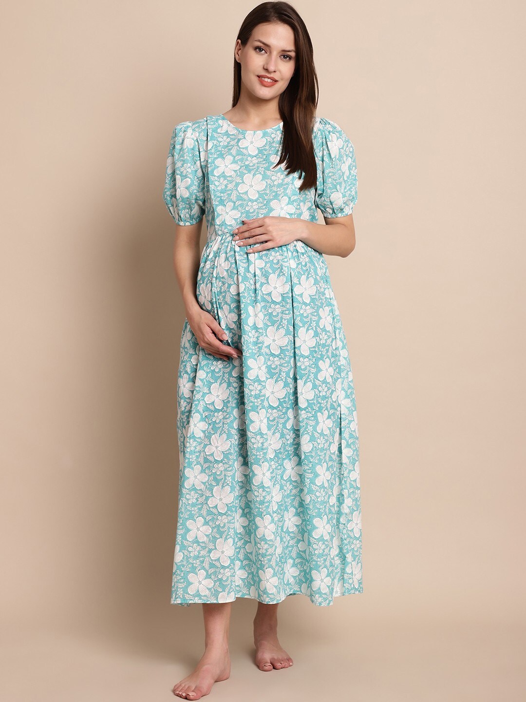 

Secret Wish Floral Printed Pure Cotton Kaftan Maternity Nightdress, Blue