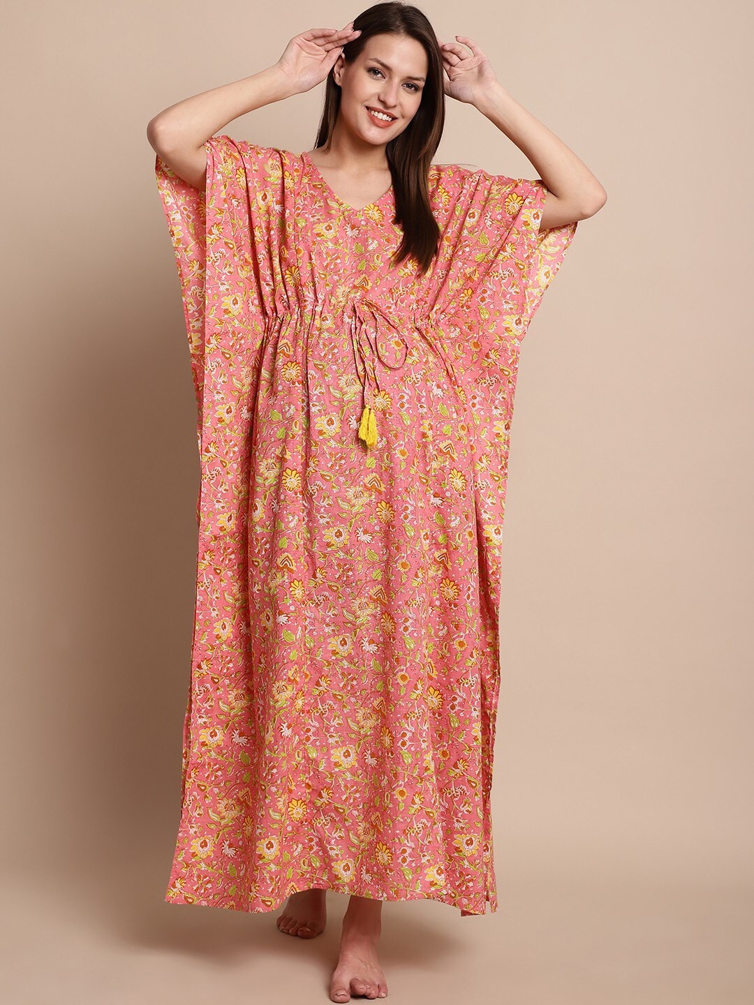 

Secret Wish Floral Printed Pure Cotton Kaftan Maternity Nightdress, Peach