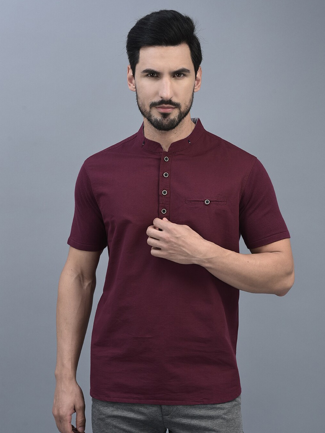 

CANOE Mandarin Collar Pure Cotton Casual Shirt, Maroon