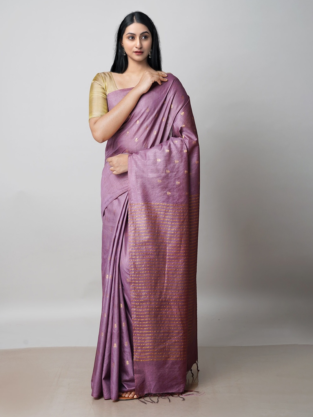 

Unnati Silks Ethnic Motifs Woven Design Zari Silk Cotton Chanderi Saree, Purple