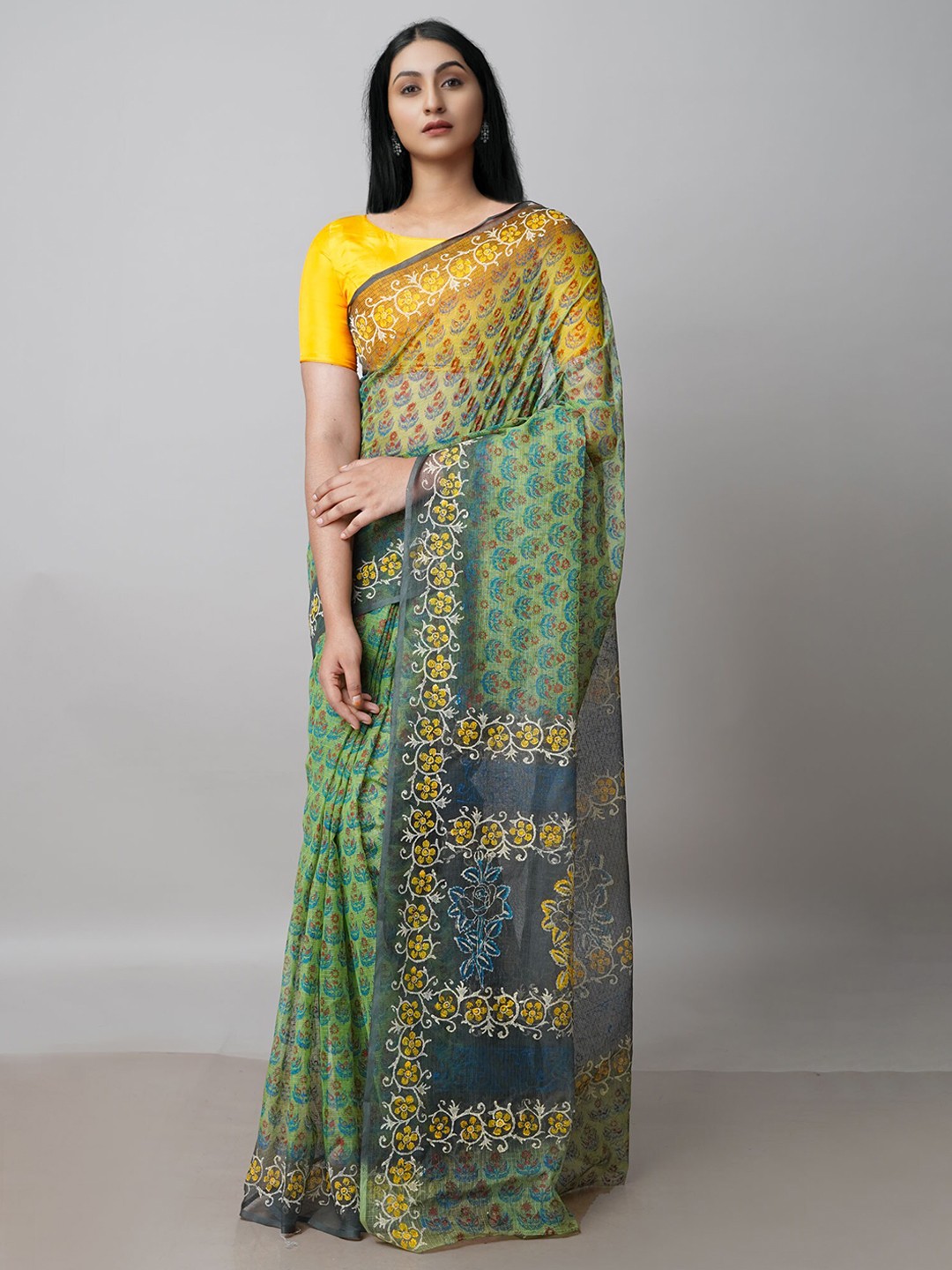 

Unnati Silks Green & Yellow Ethnic Motifs Pure Cotton Kota Saree