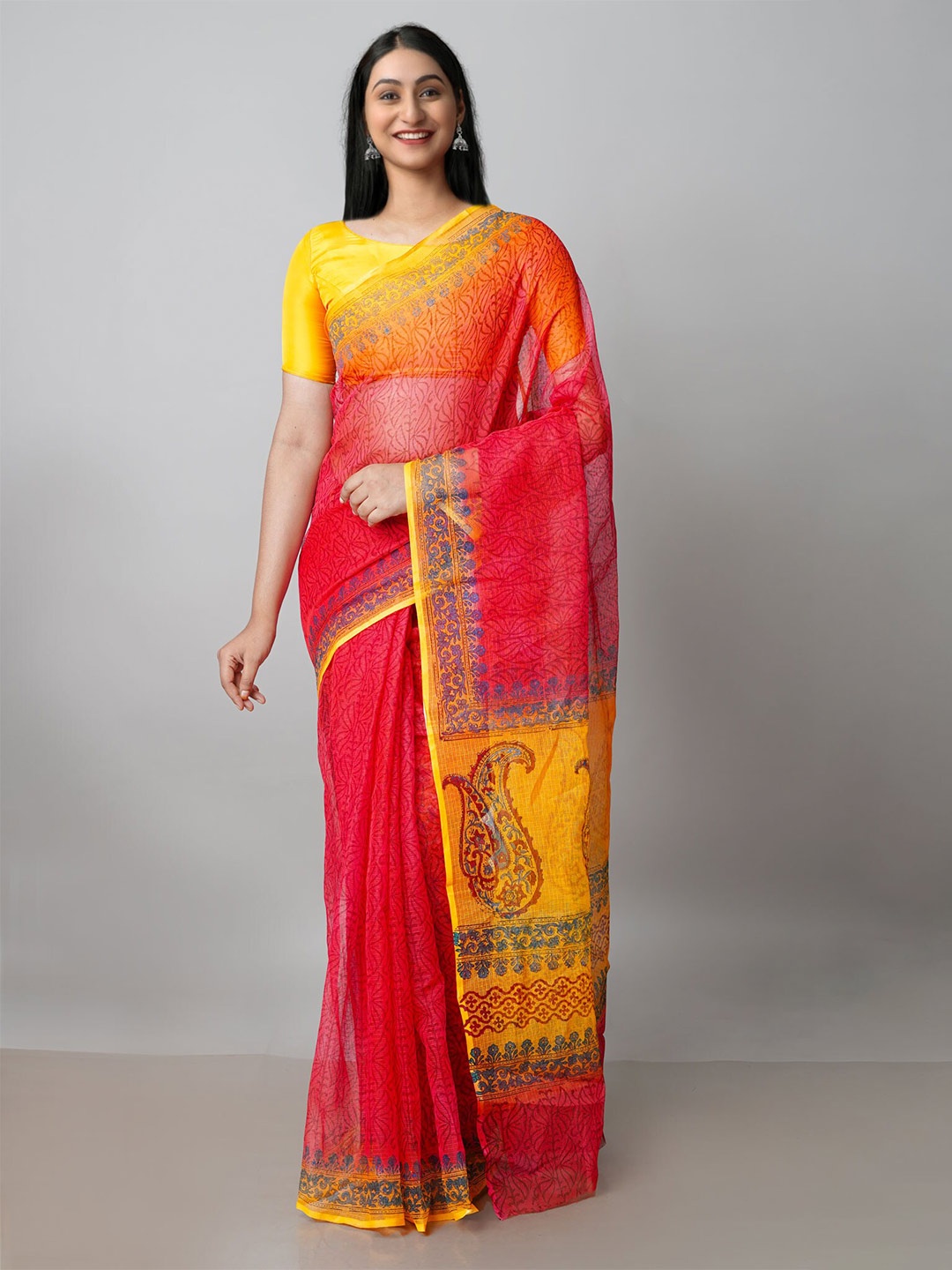 

Unnati Silks Red & Yellow Ethnic Motifs Pure Cotton Kota Saree