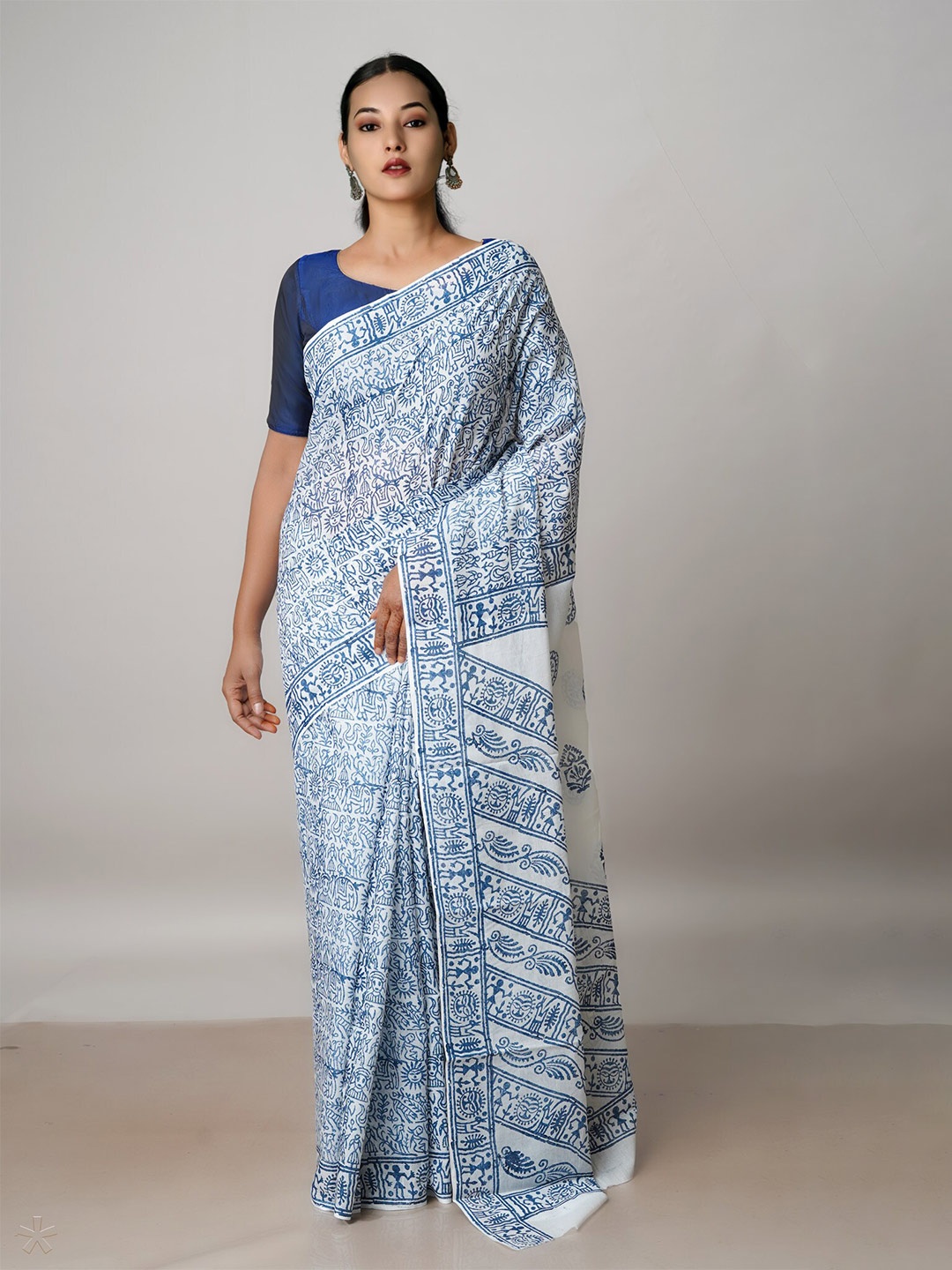

Unnati Silks Ethnic Motifs Pure Cotton Block Print Saree, White