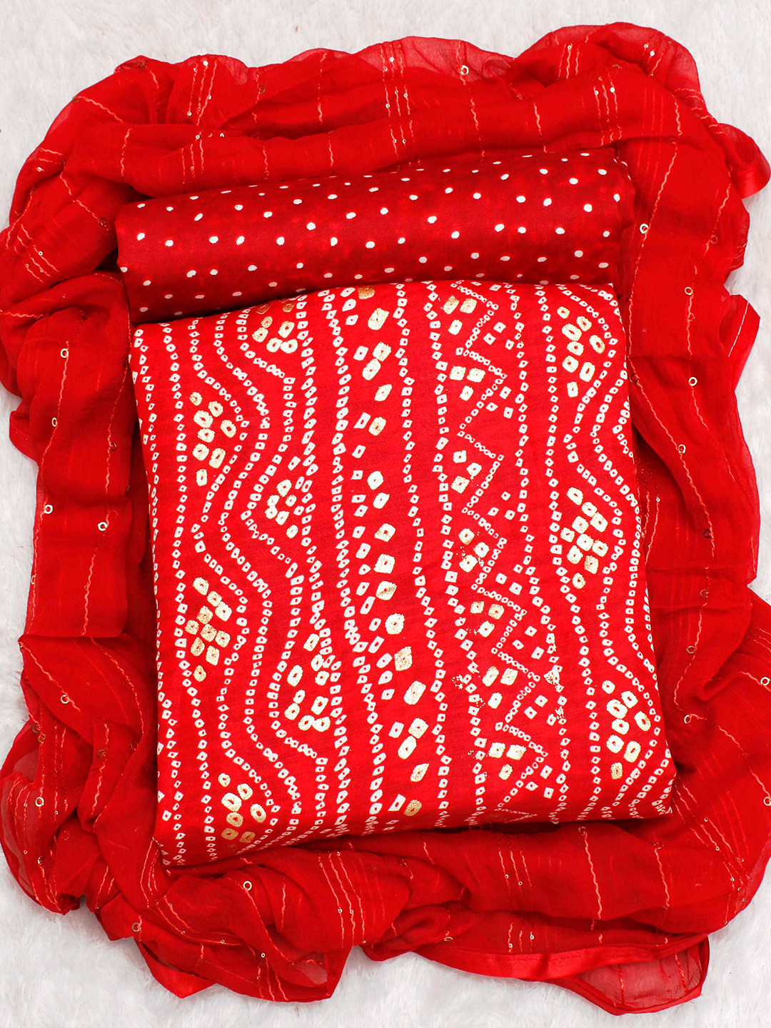 

KALINI Bandhani Printed Unstitched Dress Material, Red