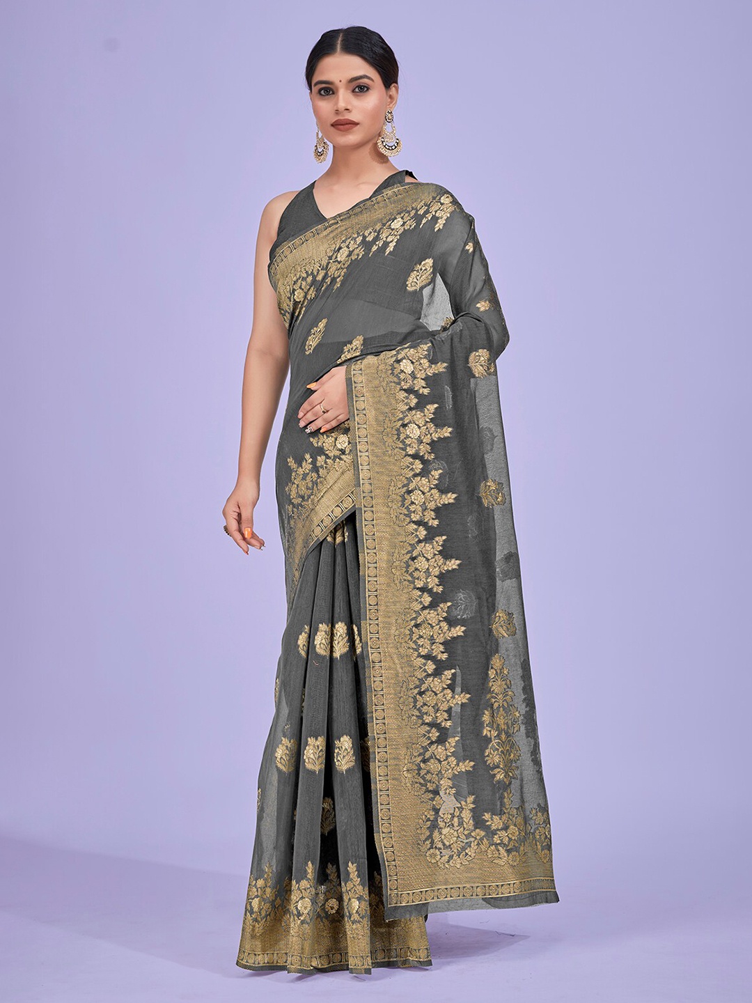 

MONJOLIKA FASHION Ethnic Motifs Woven Design Zari Banarasi Saree, Grey