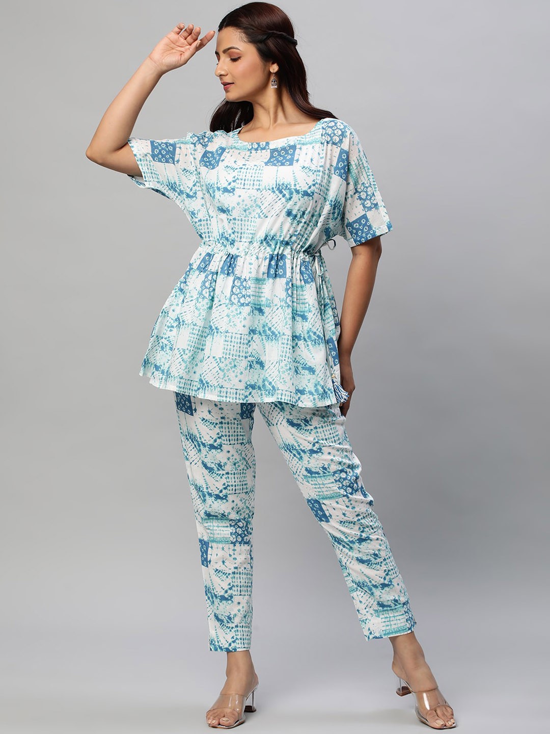 

KAMI KUBI Abstract Printed Pure Cotton Top With Trouser, Blue