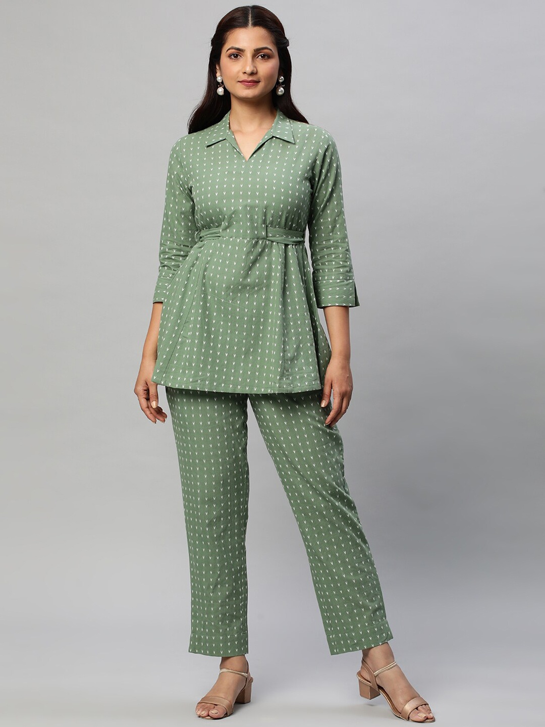 

KAMI KUBI Printed Pure Cotton Top With Trouser, Green