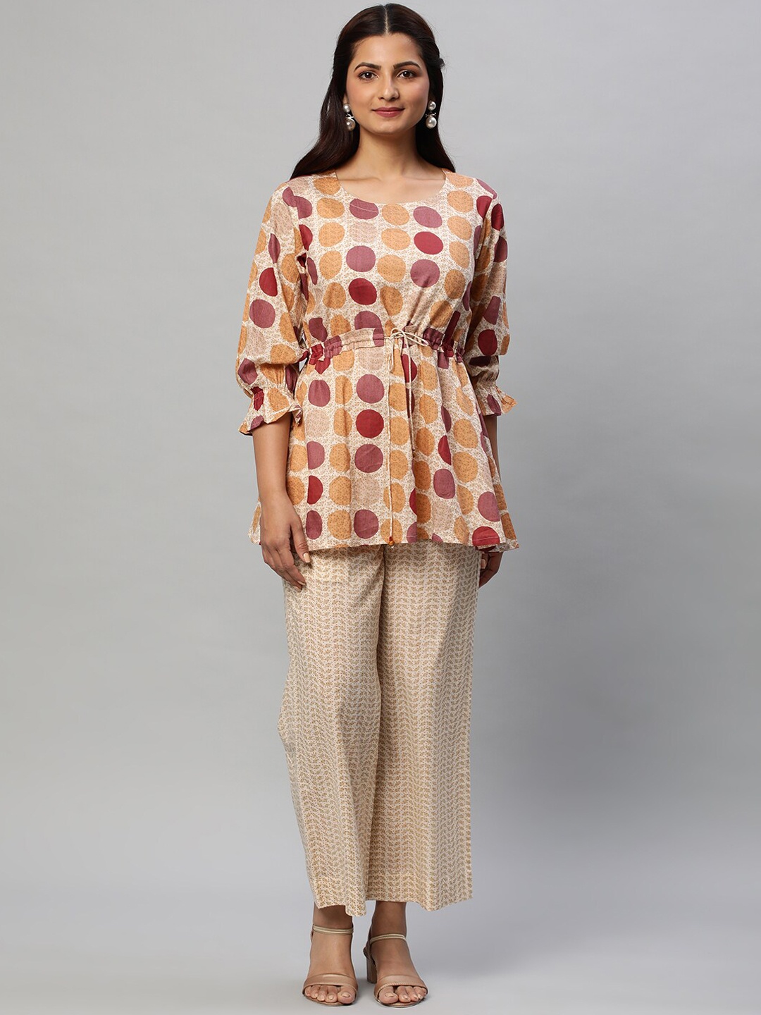 

KAMI KUBI Geometric Printed Pure Cotton Top With Trouser, Cream