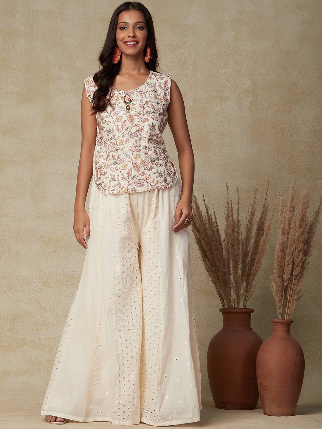 

FASHOR Embroidered Pure Cotton Top With Palazzo & Jacket, Off white
