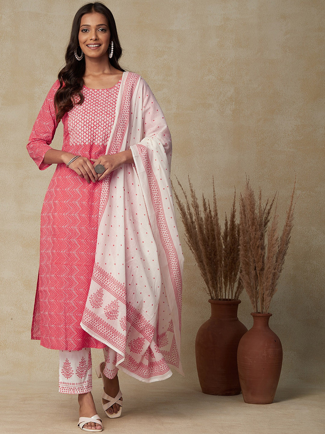 

FASHOR Coral Chevron Printed Thread Work Pure Cotton Kurta With Trousers & Dupatta