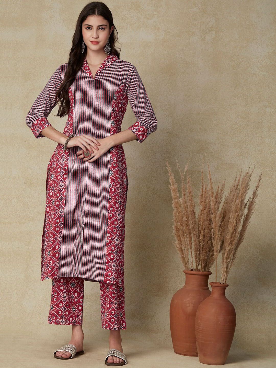 

FASHOR Red & White Striped Shirt Collar Panelled Kurta With Palazzos