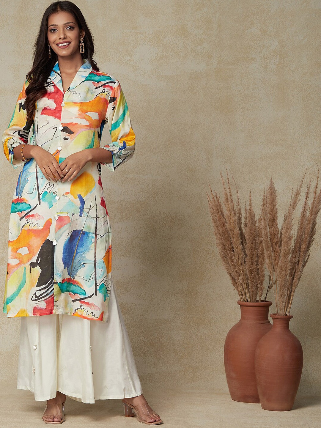 

FASHOR White & Yellow Abstract Printed Shawl Collar Kurta With Palazzos