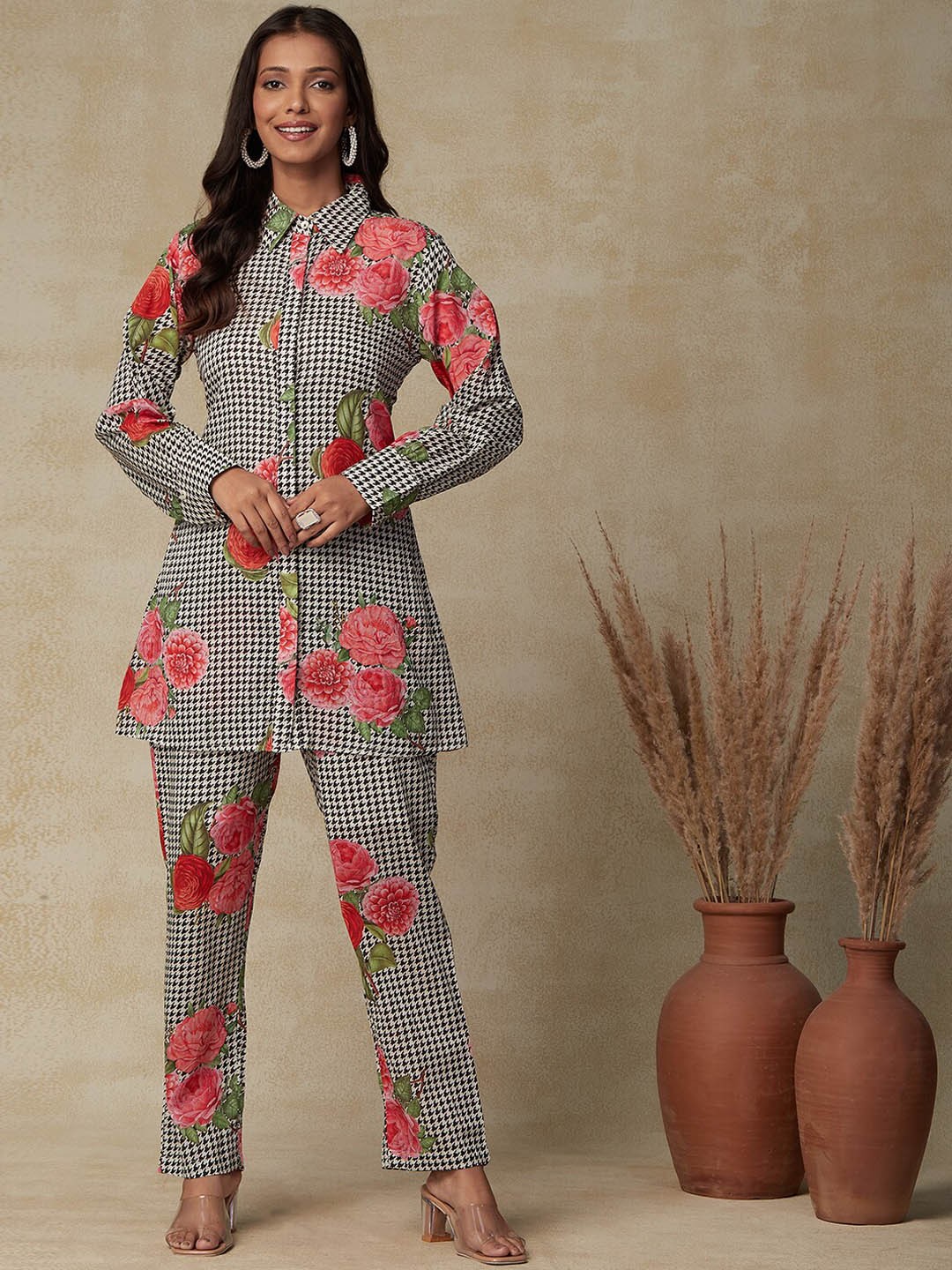 

FASHOR Black Printed Pure Cotton A-Line Shirt With Trouser