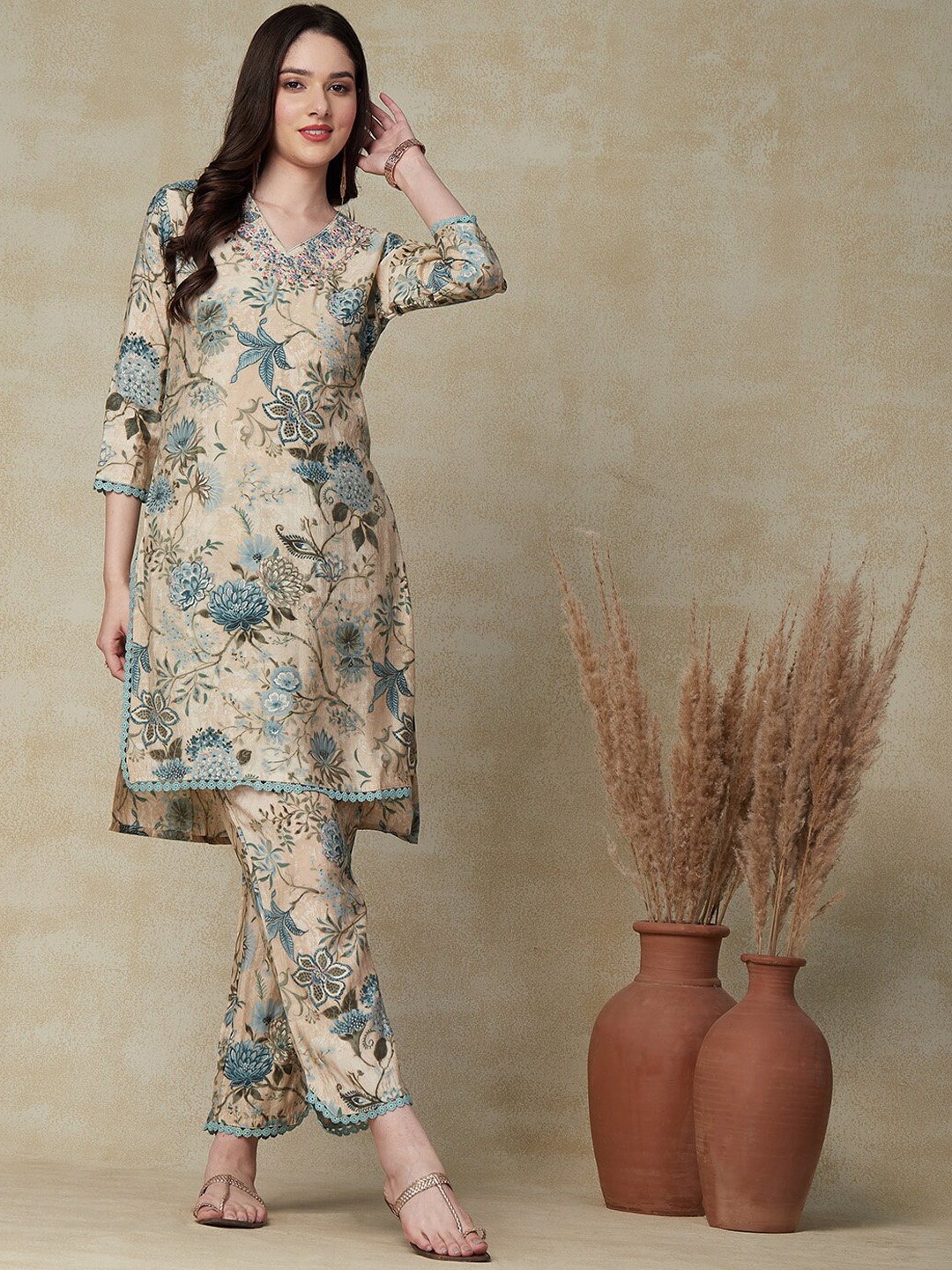

FASHOR Floral Printed V-Neck Three-Quarter Sleeves Mirror Work Kurta Set, Taupe