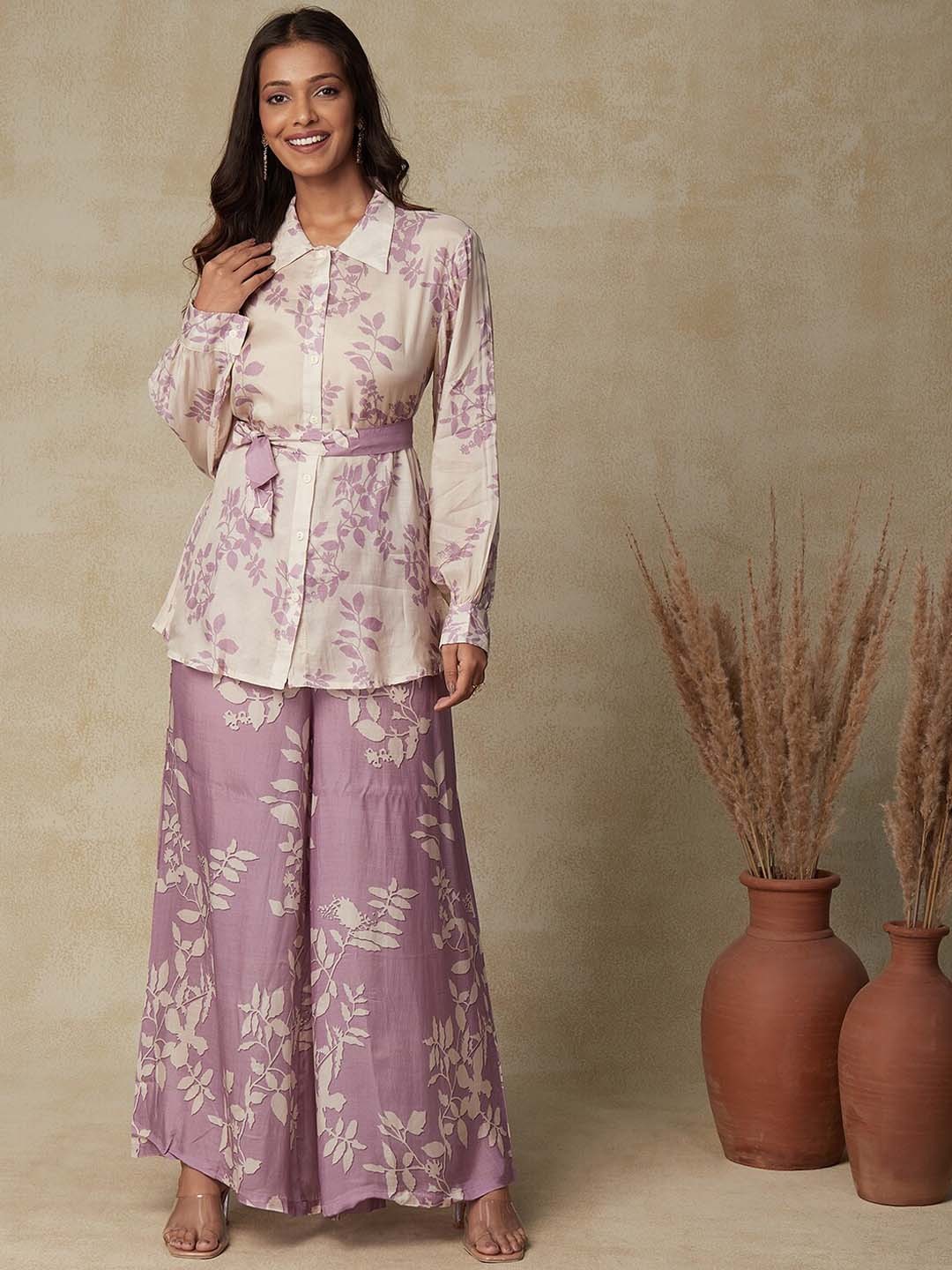 

FASHOR Lavender Printed Spread Collar Shirt With Flared Palazzos