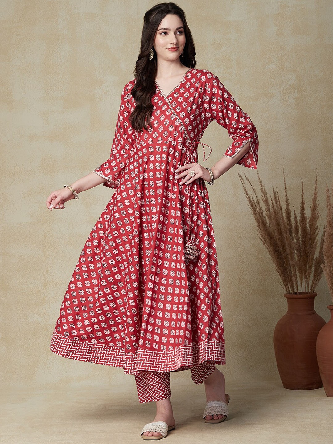 

FASHOR Red Ethnic Motifs Printed Angrakha Pure Cotton Kurta with Trousers