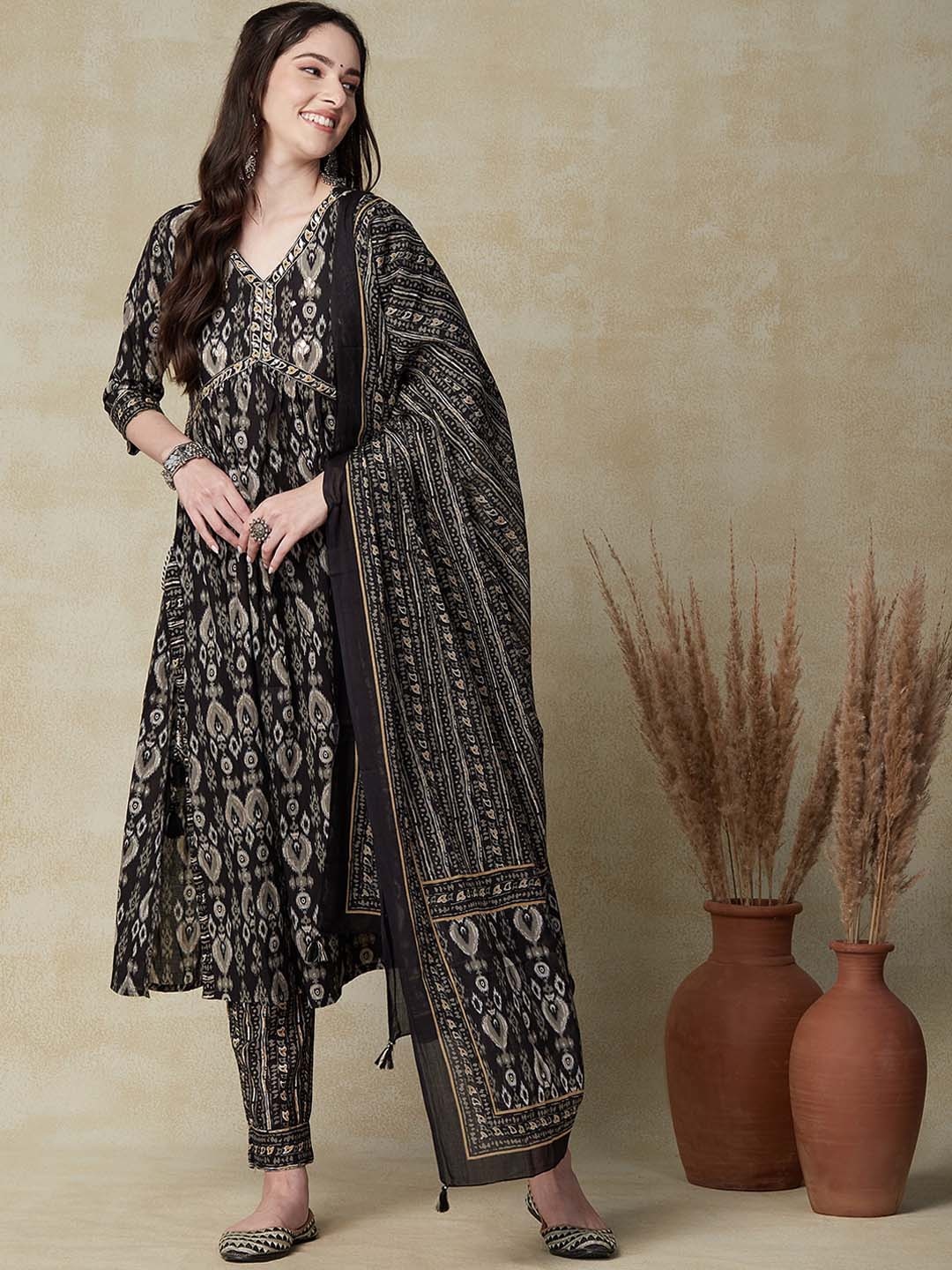 

FASHOR Black Ethnic Motifs Printed Empire Pure Cotton Kurta & Trousers With Dupatta