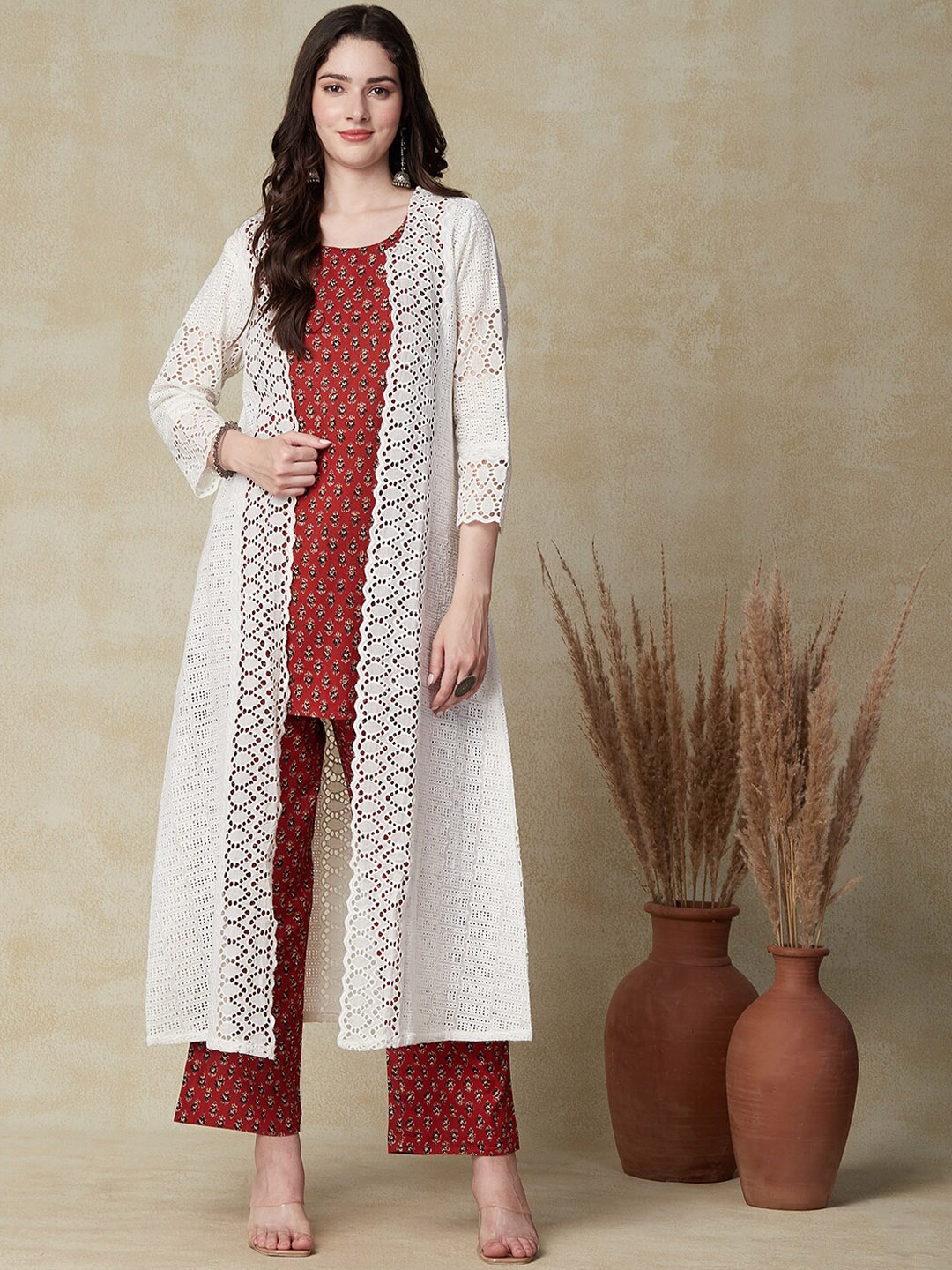 

FASHOR Brown Ethnic Motifs Printed Pure Cotton Kurta & Trousers With Embroidered Jacket