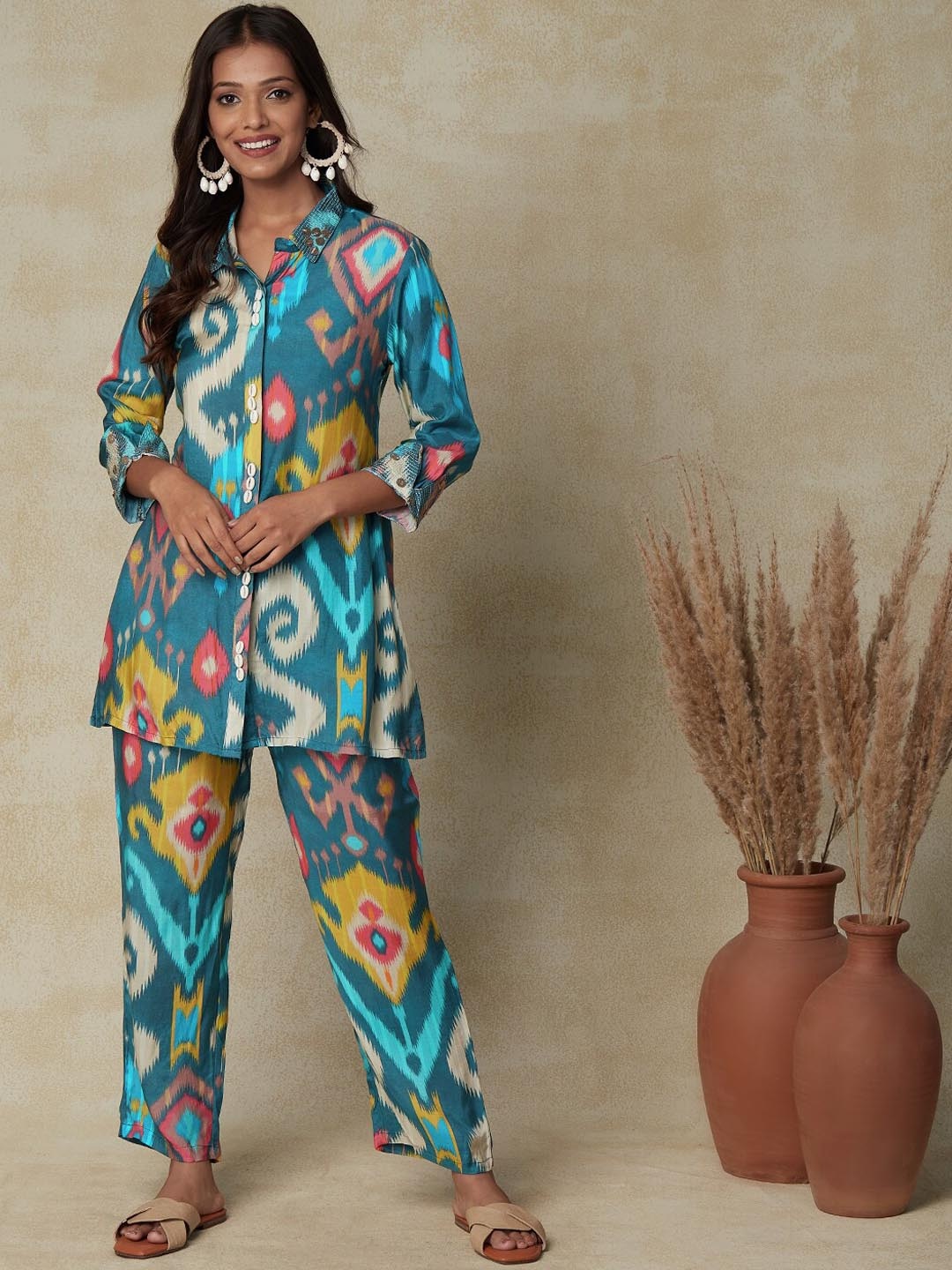 

FASHOR Blue Abstract Printed Shirt Collar Shirt With Trouser