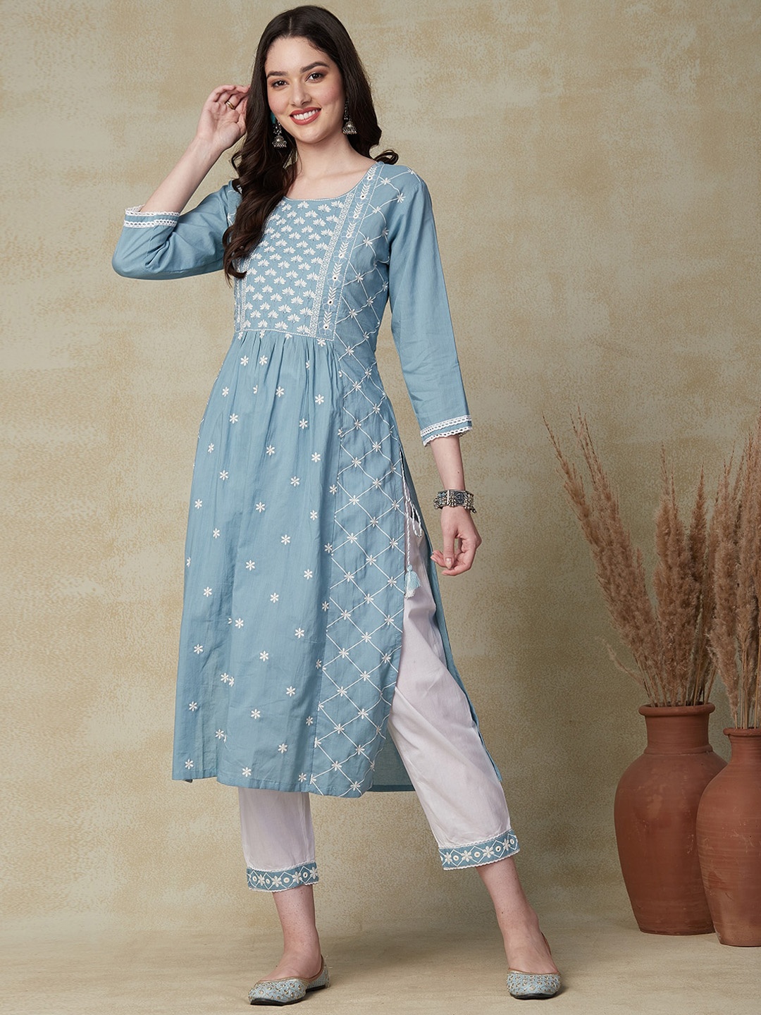 

FASHOR Blue Floral Embroidered Pleated Pure Cotton Kurta with Trousers