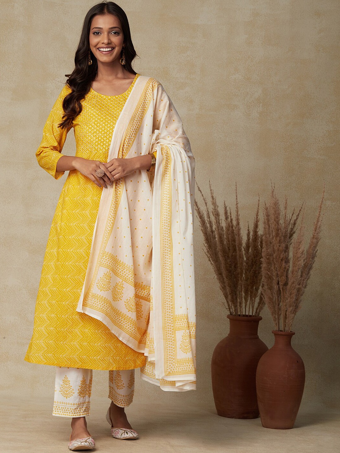 

FASHOR Geometric Printed Sequinned Pure Cotton Kurta & Trousers With Dupatta, Yellow