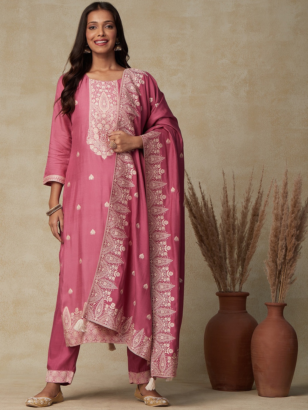 

FASHOR Pink Floral Woven Design Thread Work Kurta With Trousers & Dupatta