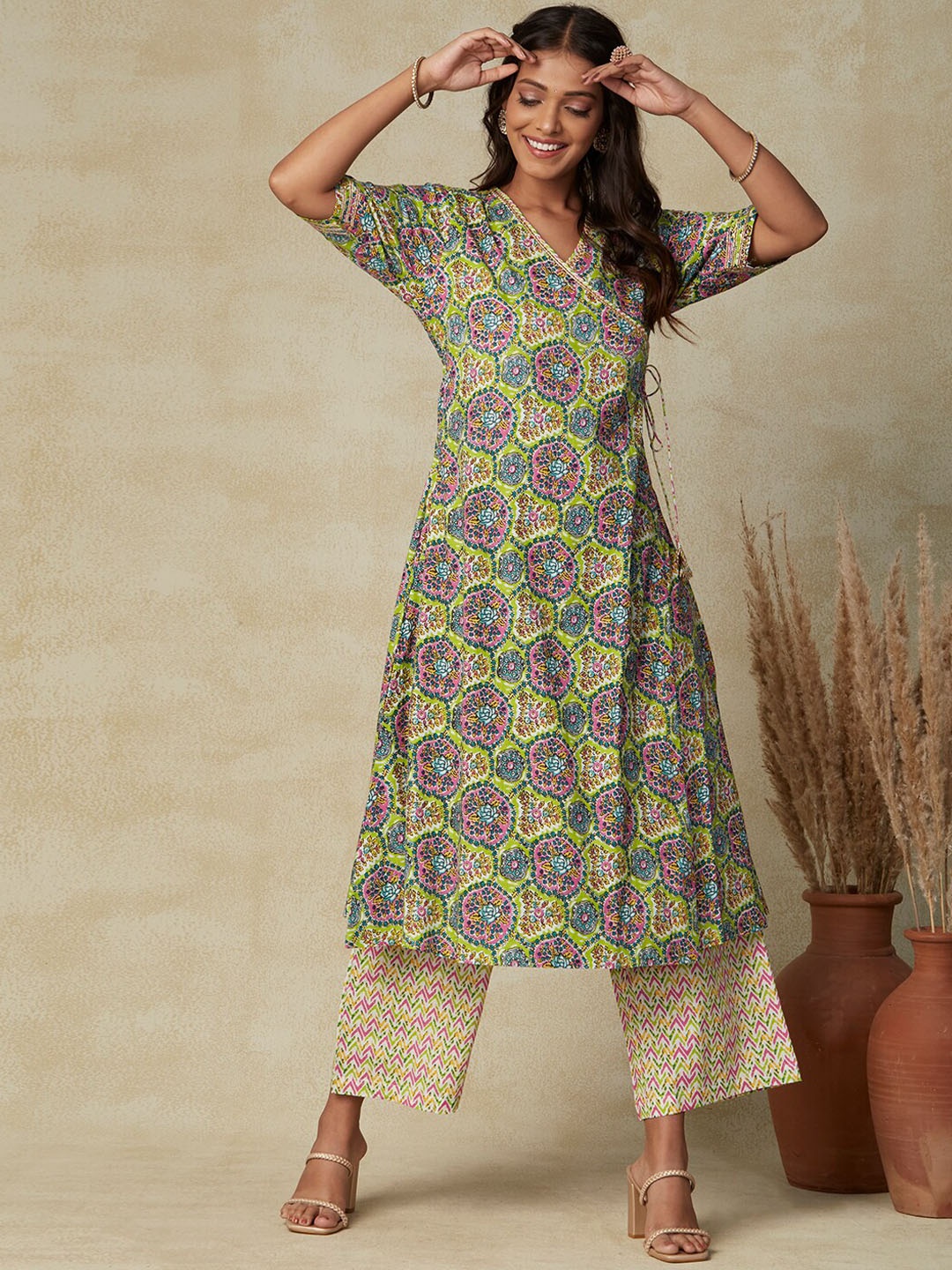 

FASHOR Green Floral Printed Gotta Patti Pure Cotton Angrakha Kurta With Palazzos