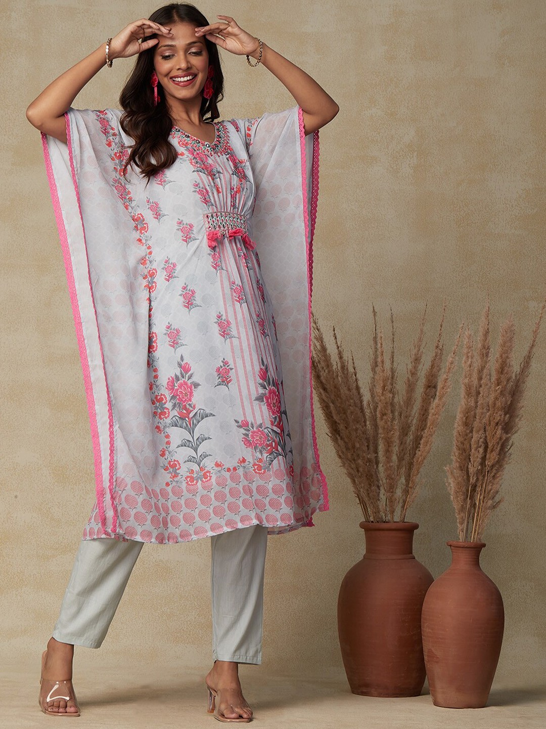 

FASHOR Green Floral Printed Flared Sleeves Mirror Work Kaftan Kurta With Trousers