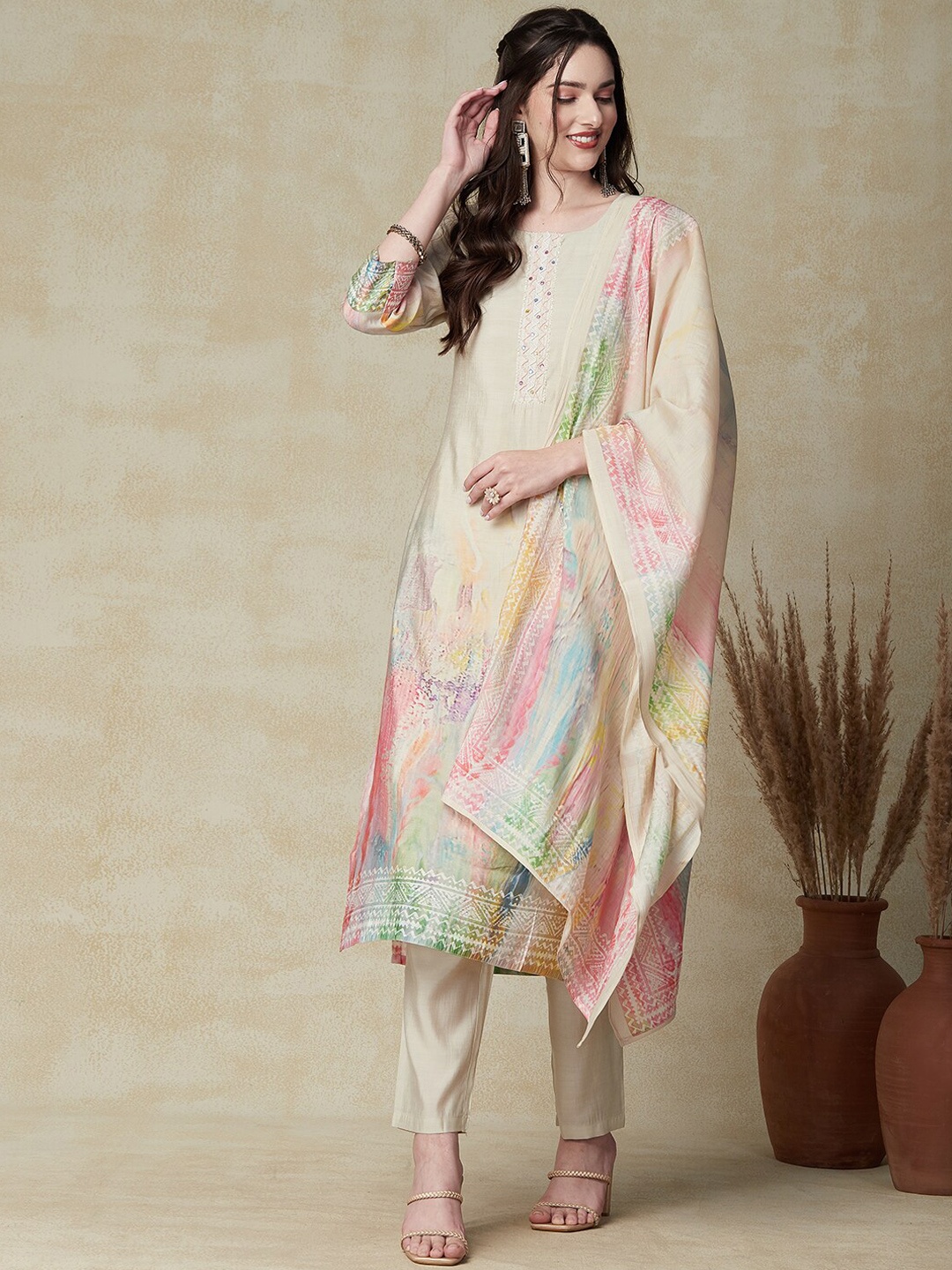 

FASHOR Beige & Pink Abstract Printed Mirror Work Kurta With Trousers & Dupatta