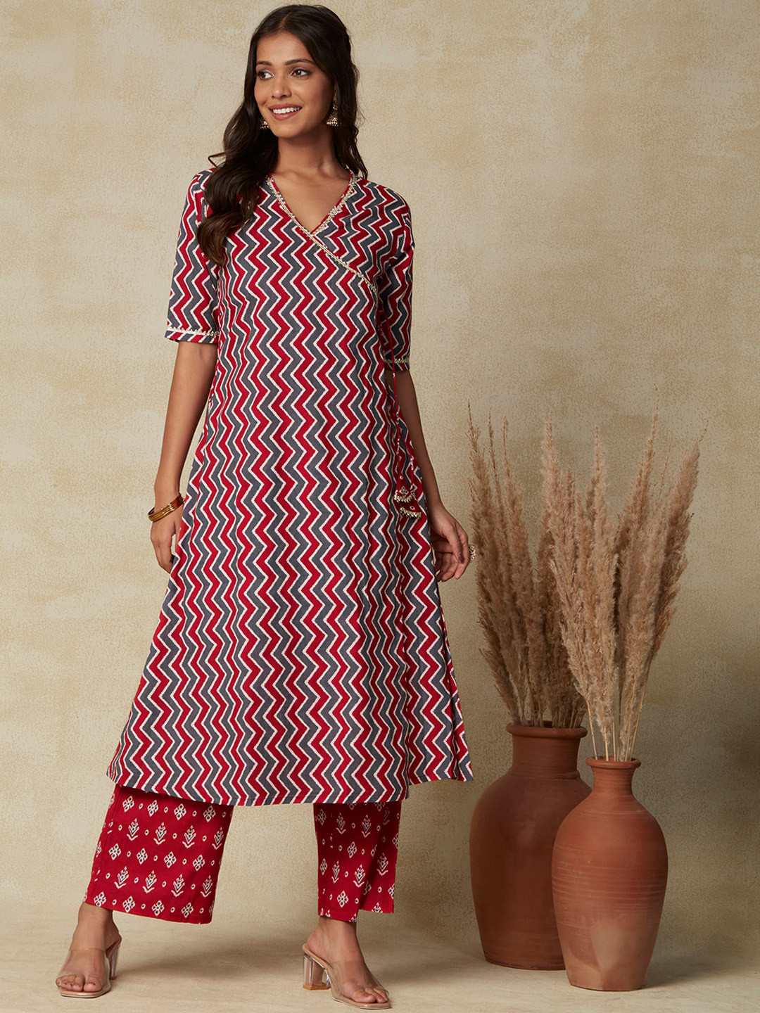 

FASHOR Women Red Printed Angrakha Gotta Patti Pure Cotton Kurta with Palazzos