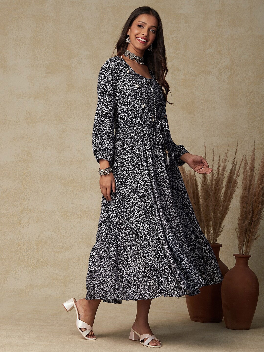 

FASHOR Blue & White Floral Printed Puff Sleeves Maxi Dress With Jacket