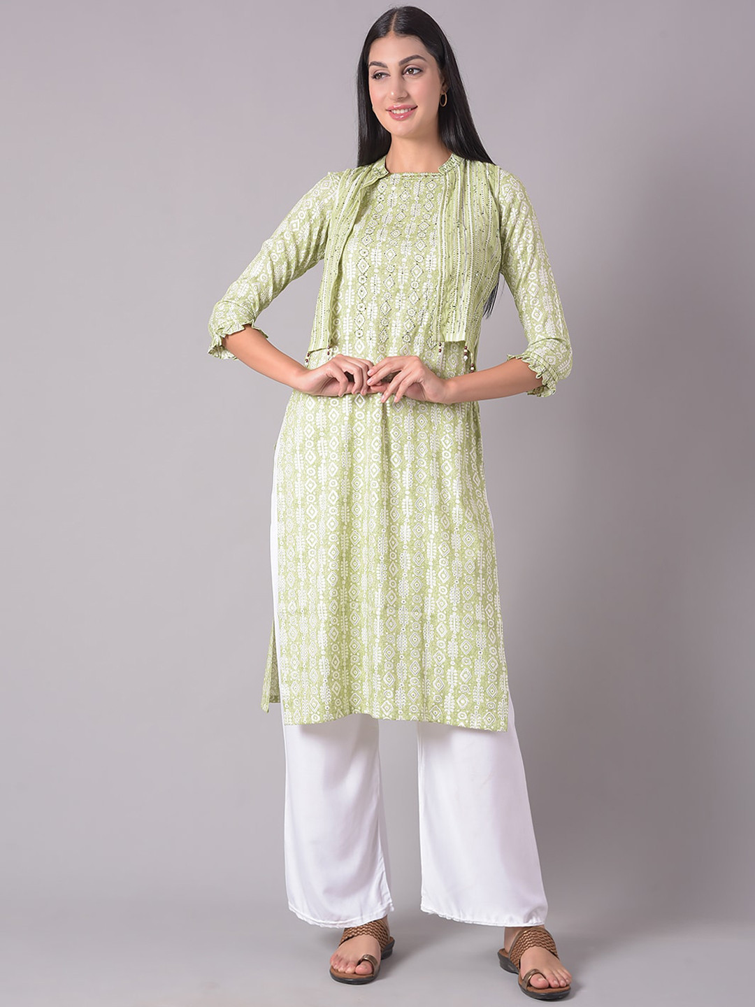 

Dollar Missy Ethnic Motifs Printed Beads and Stones Kurta Set With Jacket, Green