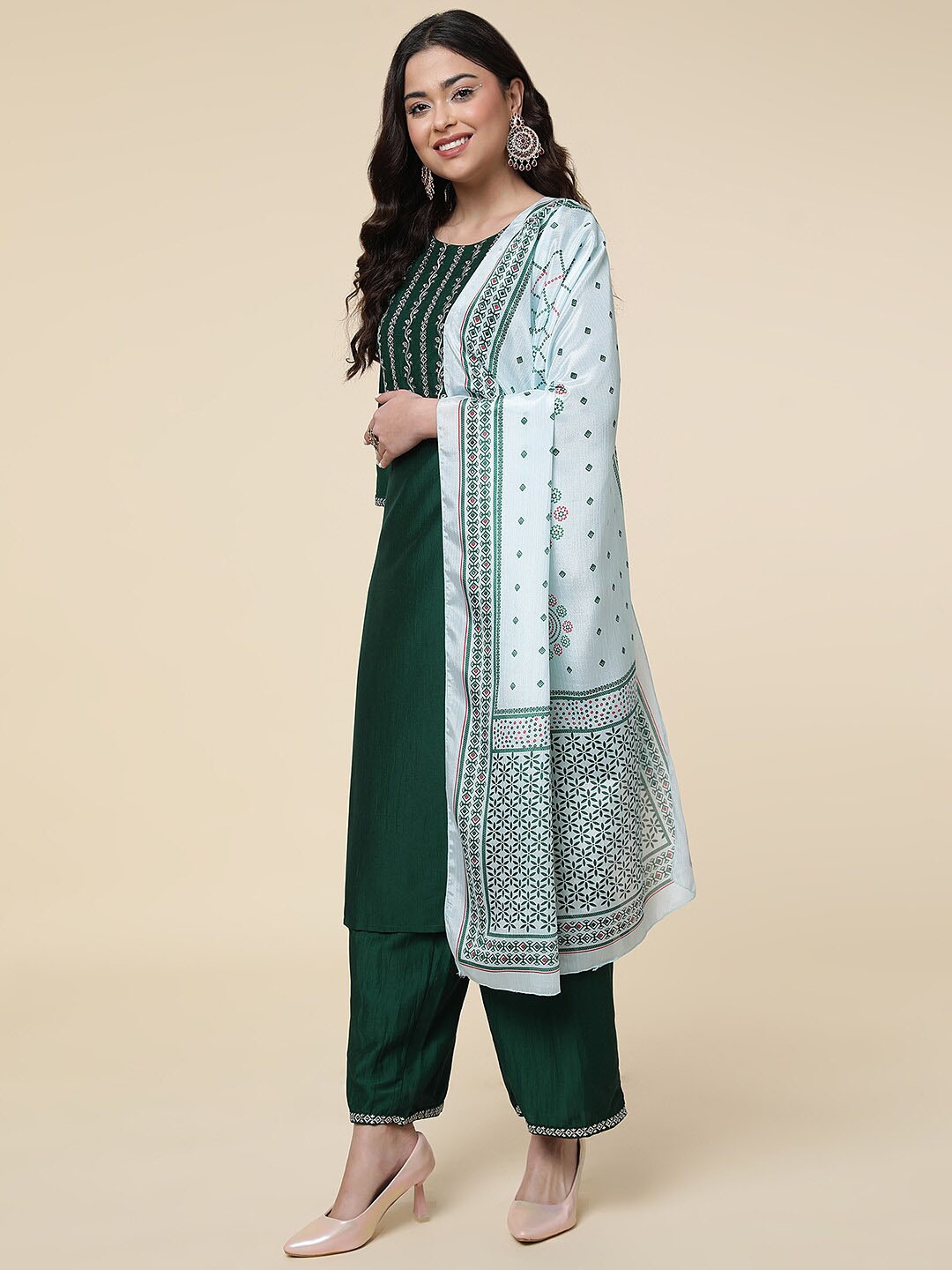 

J Turritopsis Ethnic Motifs Three-Quarter Sleeves Thread Work Kurta Set With Dupatta, Green