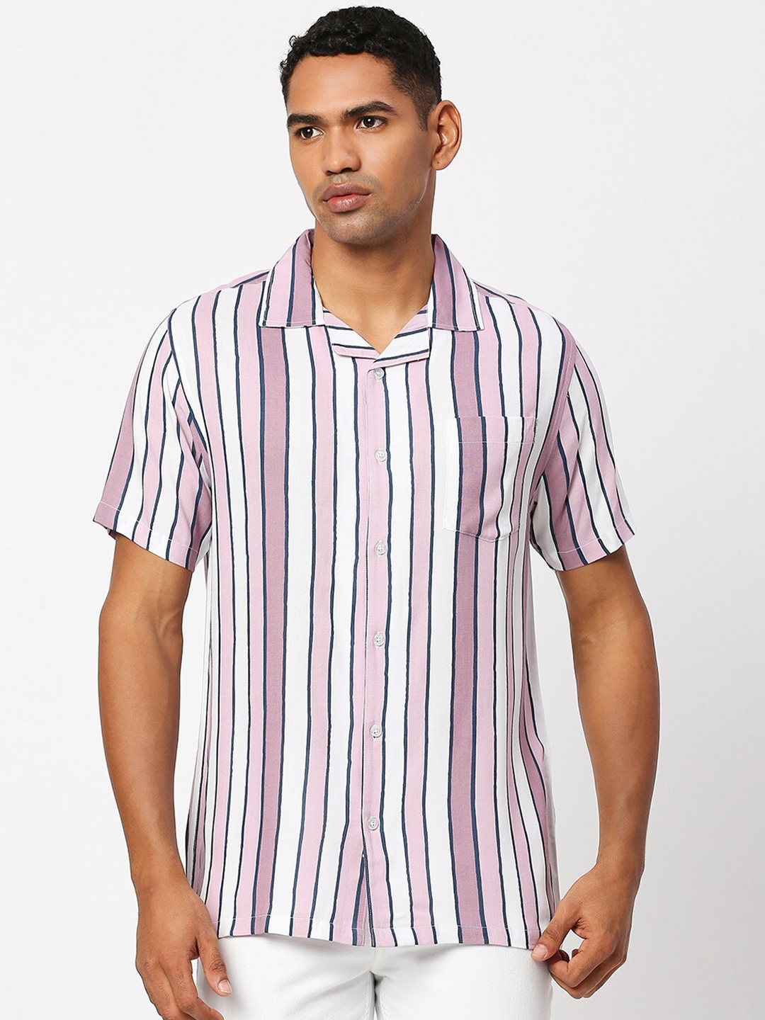 

MOD ECRU Vertical Striped Cuban Collar Casual Shirt, Pink