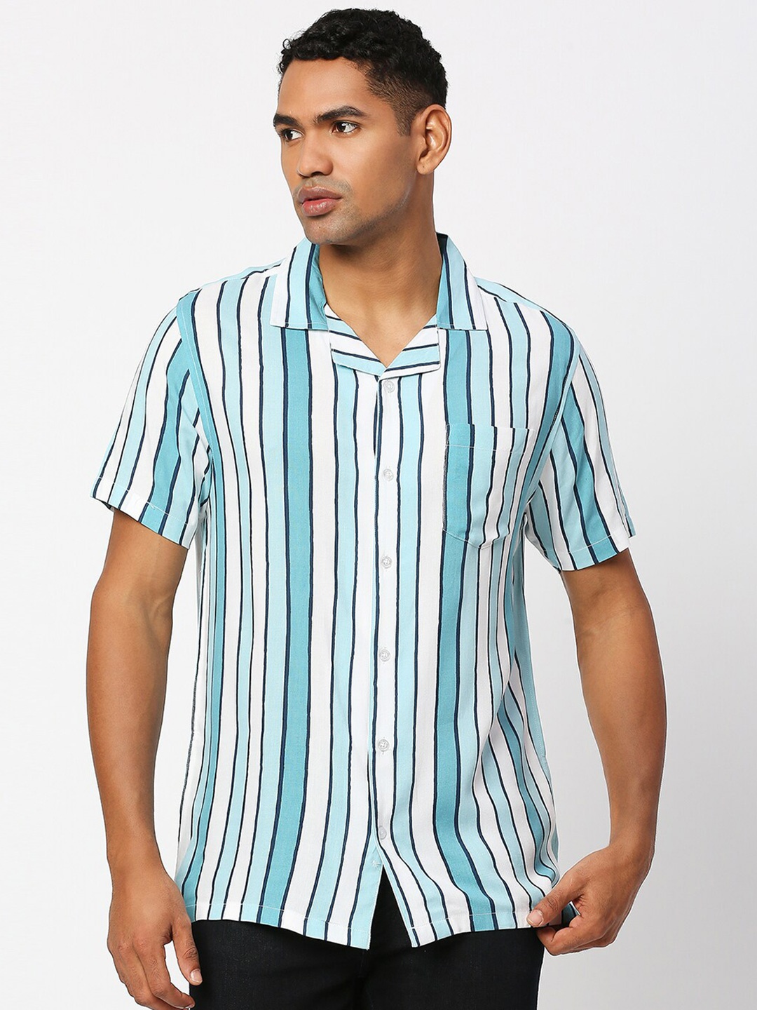 

MOD ECRU Vertical Striped Cuban Collar Casual Shirt, Blue