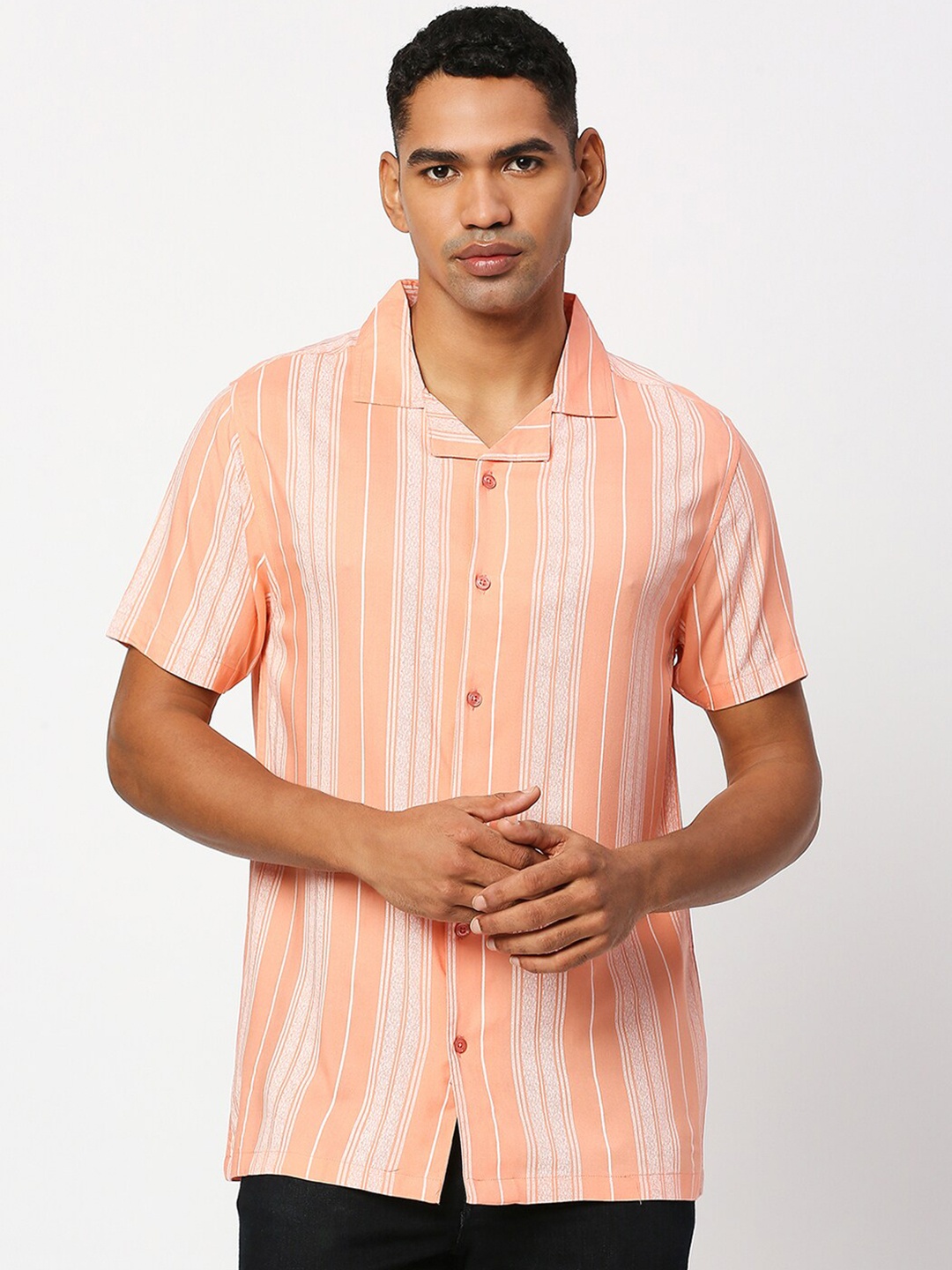 

MOD ECRU Striped Cuban Collar Casual Shirt, Peach