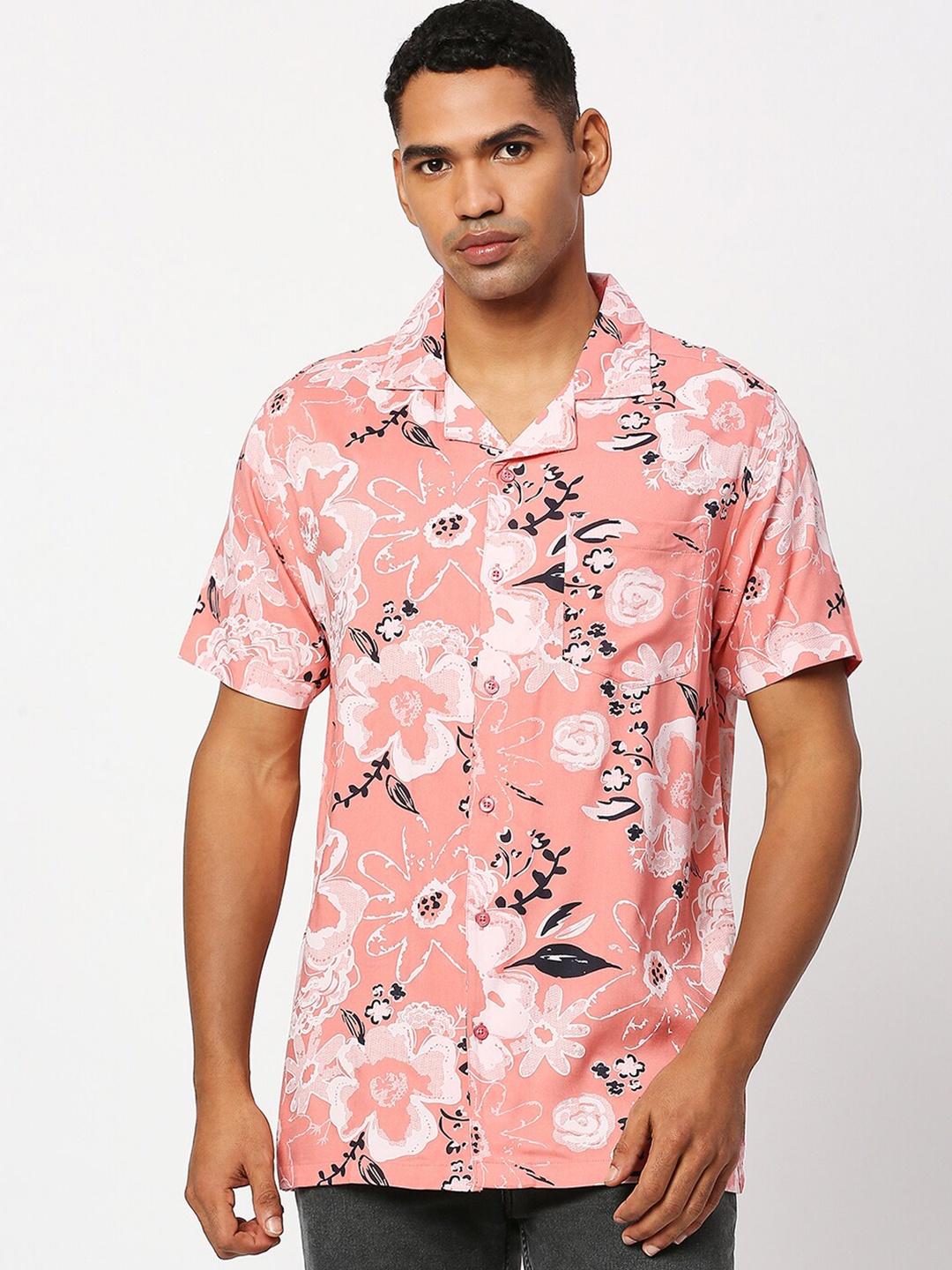 

MOD ECRU Floral Printed Cuban Collar Casual Shirt, Peach