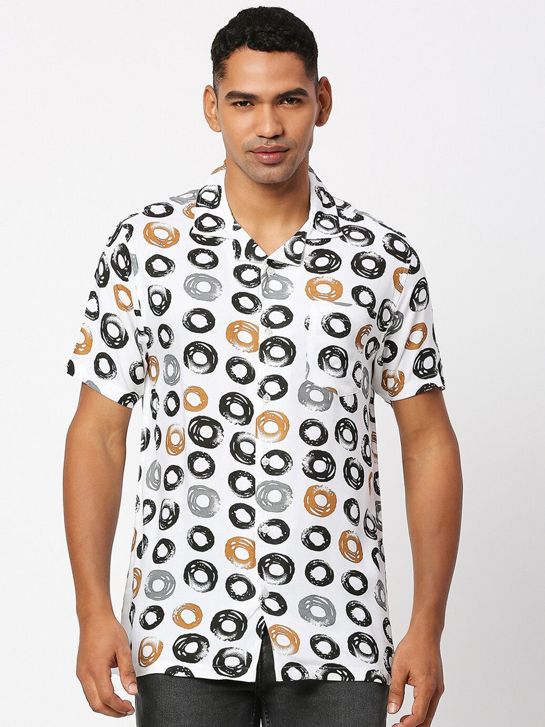 

MOD ECRU Conversational Printed Cuban Collar Casual Shirt, White