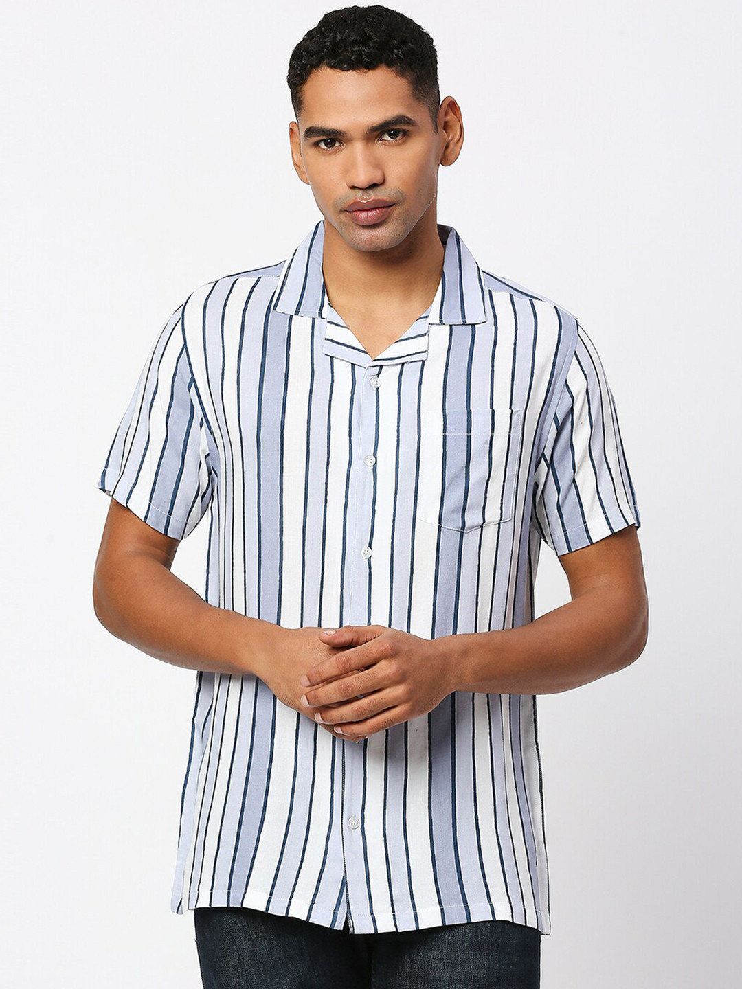 

MOD ECRU Vertical Striped Cuban Collar Casual Shirt, Blue