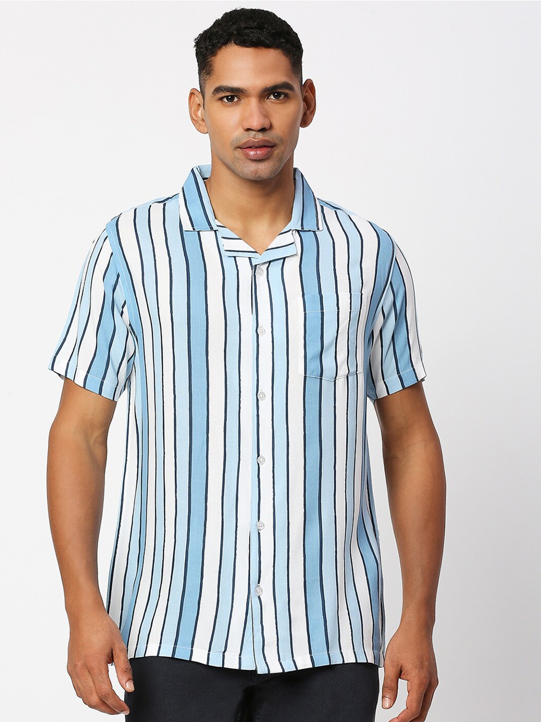 

MOD ECRU Vertical Striped Cuban Collar Casual Shirt, Blue