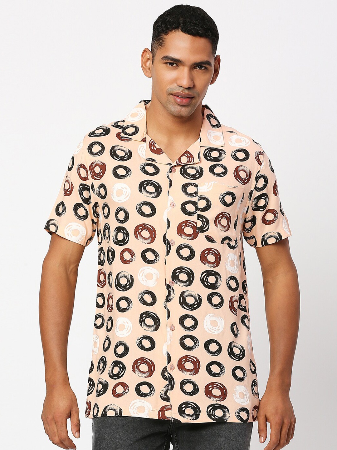 

MOD ECRU Graphic Printed Cuban Collar Casual Shirt, Peach