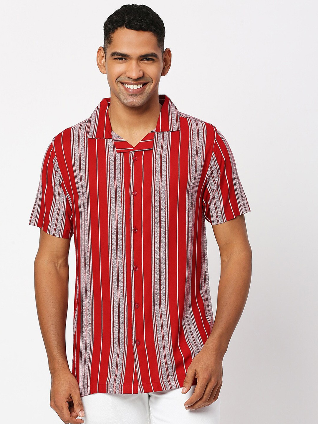 

MOD ECRU Vertical Striped Cuban Collar Casual Shirt, Red