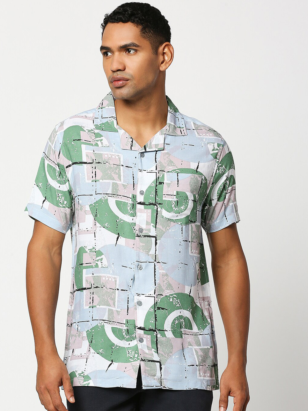 

MOD ECRU Abstract Printed Cuban Collar Casual Shirt, Blue