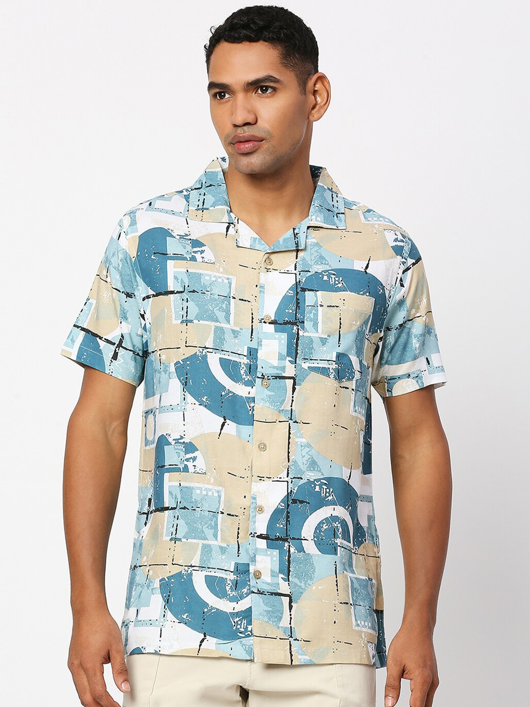 

MOD ECRU Abstract Printed Cuban Collar Casual Shirt, Blue