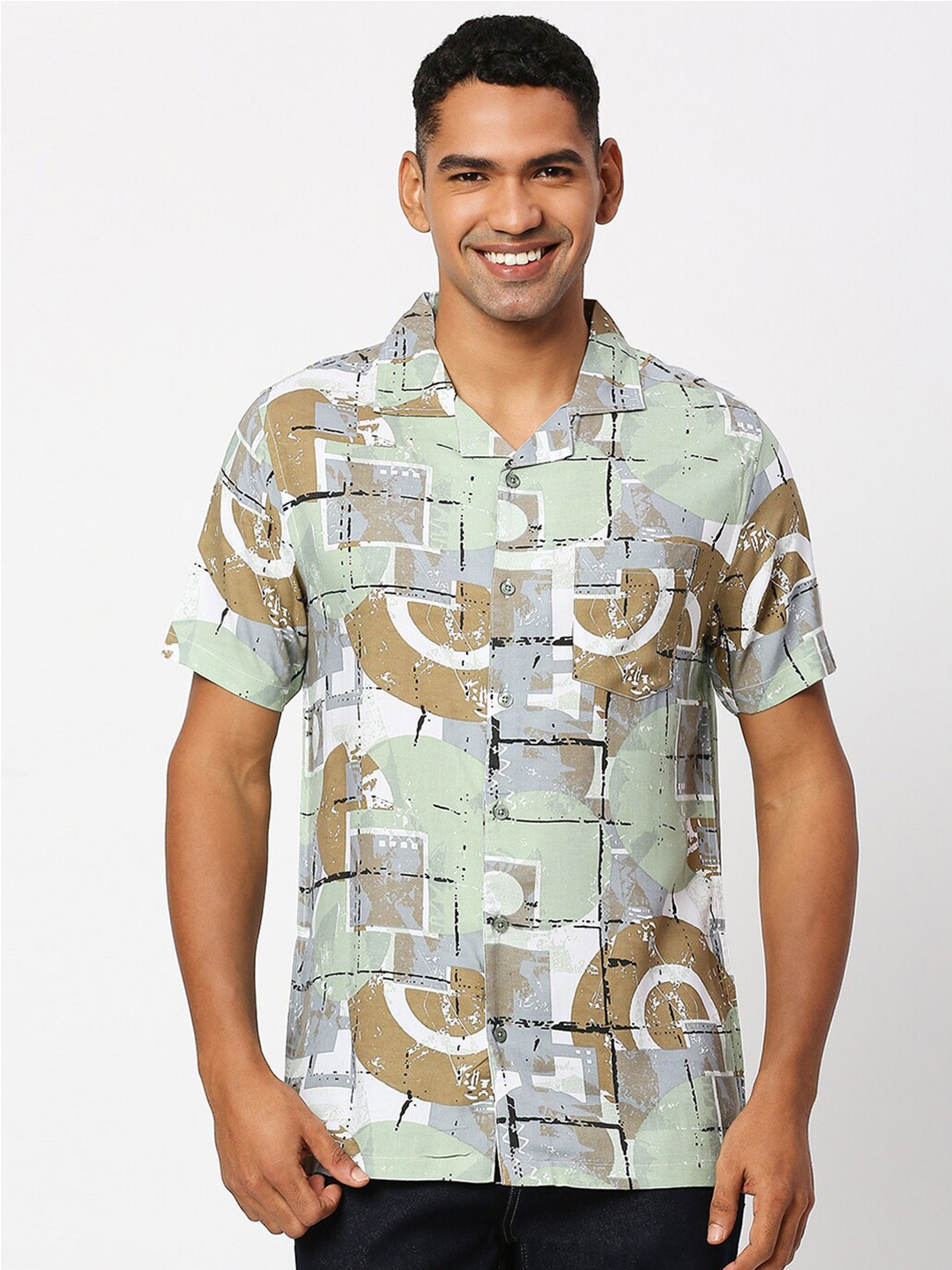 

MOD ECRU Geometric Printed Cuban Collar Casual Shirt, Sea green