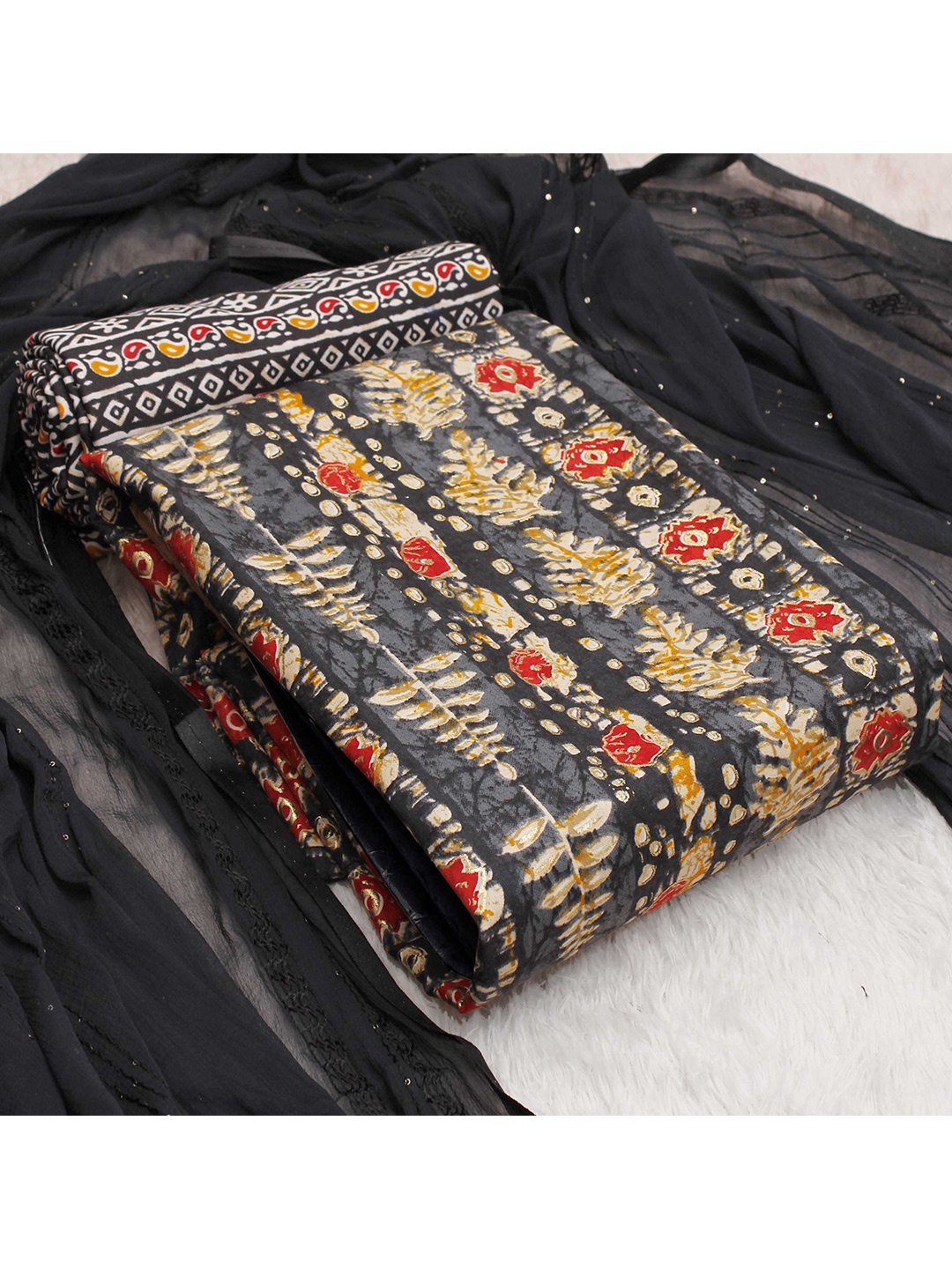 

KALINI Floral Printed Unstitched Dress Material, Black
