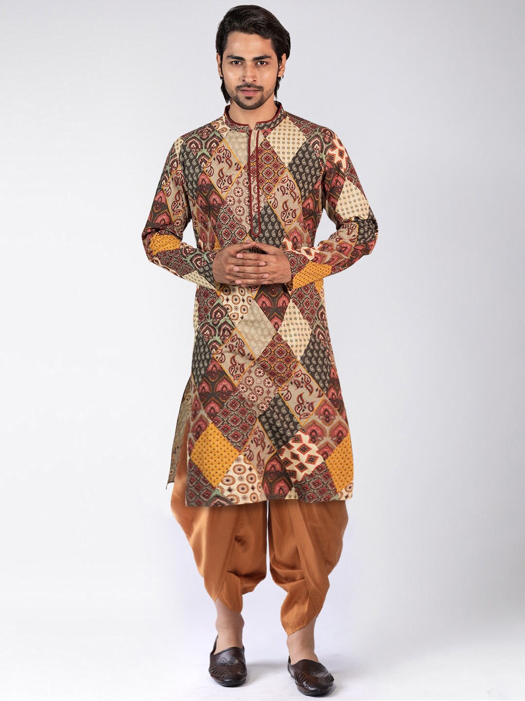 

KISAH Ethnic Motifs Printed Mandarin Collar Straight Kurta with Dhoti Pants, Tan