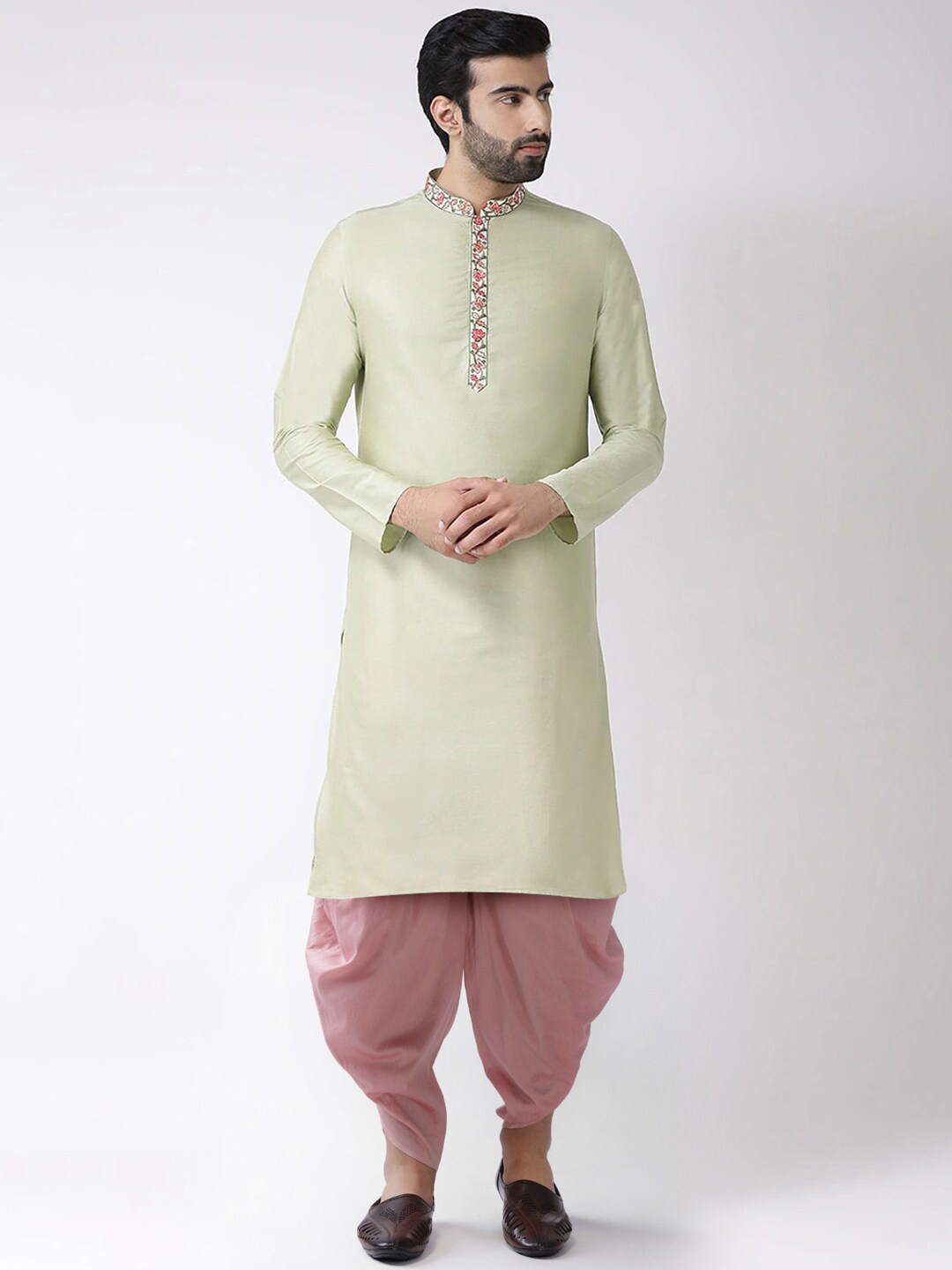

KISAH Mandarin Collar Thread Work Detailed Straight Kurta with Dhoti Pants, Green