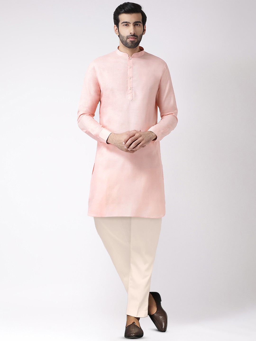 

KISAH Mandarin Collar Straight Kurta with Trousers, Pink